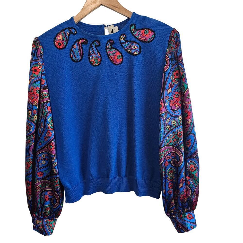 Vintage Paisley Blouse Womens XL Blue Floral 80s Retro Glam Rock Bishop Sleeves